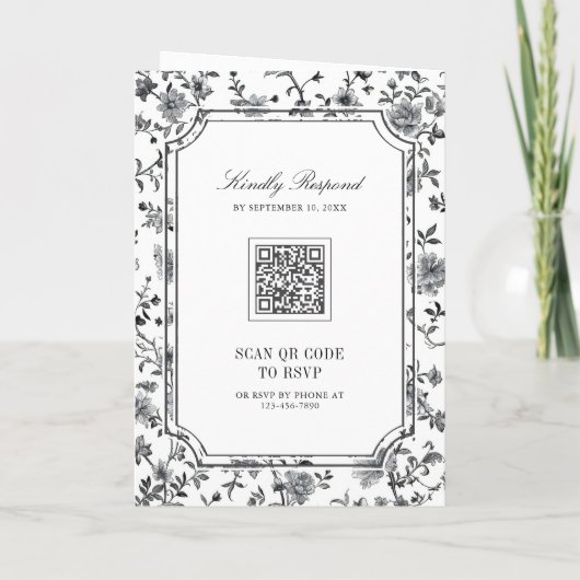 Black and White Chinoiserie Crest QR Code Wedding 招待状 (裏面)
