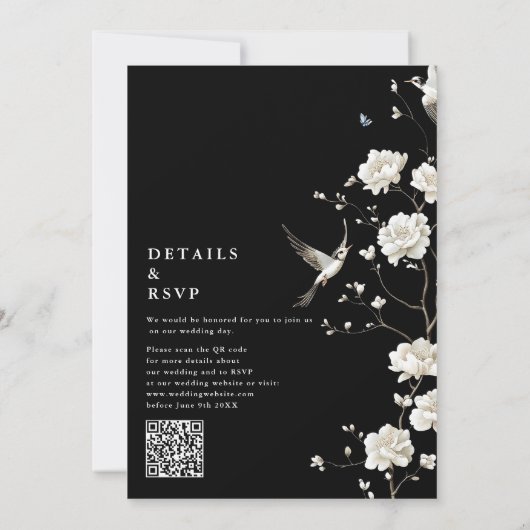 Black And White Chinoiserie Floral QR Code Wedding 招待状 (裏面)