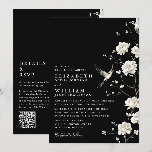 Black And White Chinoiserie Floral QR Code Wedding 招待状 (正面/裏面)