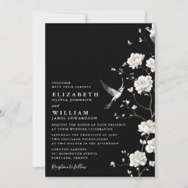 Black And White Chinoiserie Floral QR Code Wedding 招待状