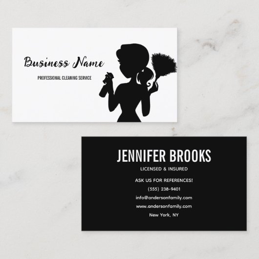 Black and white Cleaning Service Housekeeper Maid 名刺 (正面/裏面)