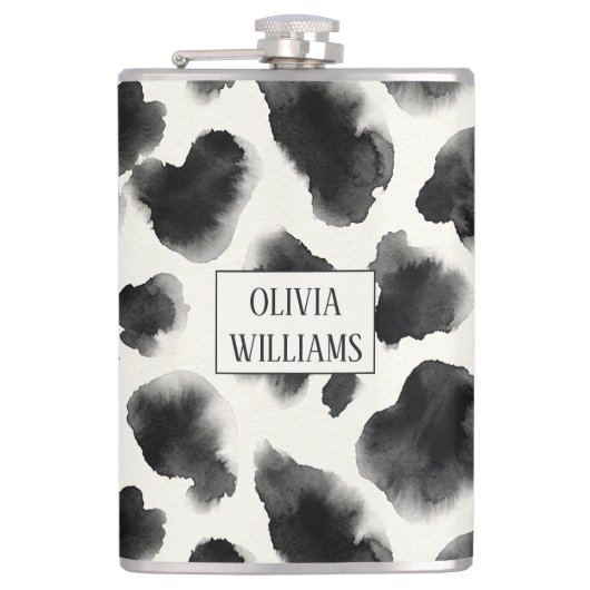Black and White Cow Print Pattern フラスク (正面)