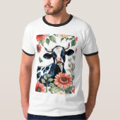 Black And White Cow With Orange Flowers Tシャツ (正面)