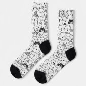 Black and White Cute Doodle Cat Face Pattern Socks ソックス (左)