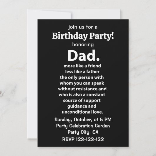 Black and White Dad Daddy Quote Birthday Party 招待状 (正面)