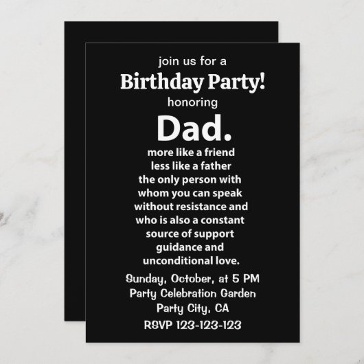 Black and White Dad Daddy Quote Birthday Party 招待状 (正面/裏面)