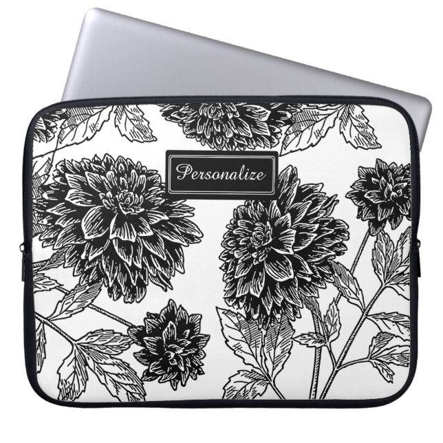 Black and White Dahlia Pattern Personalised ラップトップスリーブ (正面)