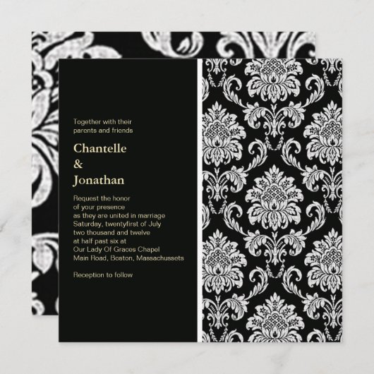Black and White Damask Wedding Invitation 招待状 (正面/裏面)