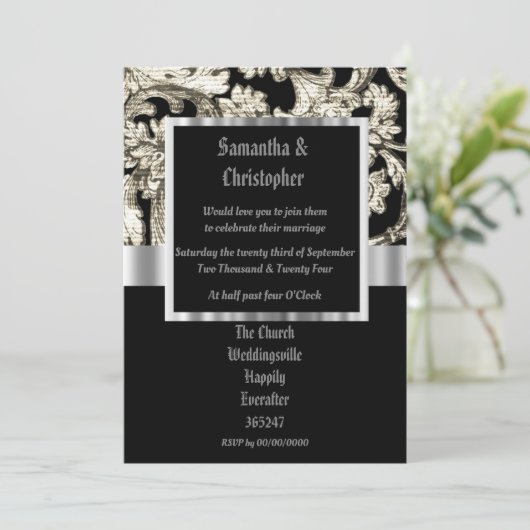 Black and white damask wedding photo invitation 招待状 (スタンド正面)