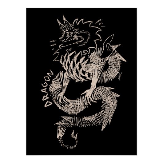Black and white Dragon sketch ポスター (正面)