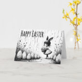 Black and White Easter Girl with Bunny Ears カード (黄色い花)