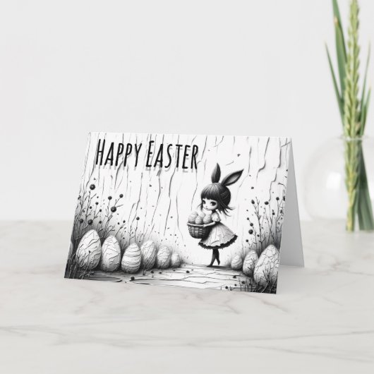 Black and White Easter Girl with Bunny Ears カード (正面)