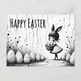 Black and White Easter Girl with Bunny Ears ポストカード