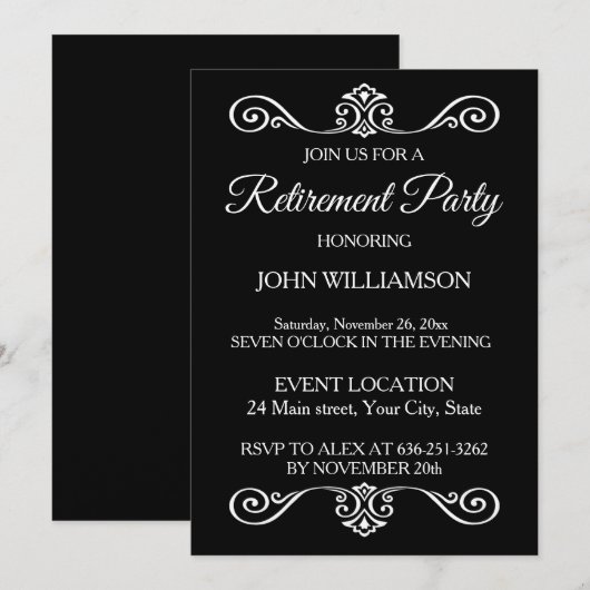 Black and White Elegant Retirement party 招待状 (正面/裏面)