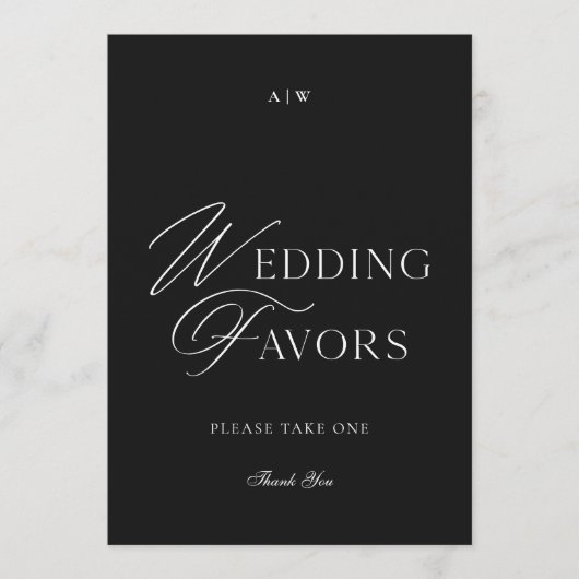 Black and White Elegant Script Wedding Favors Sign 招待状 (正面)