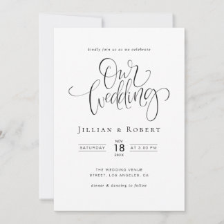 black and white elegant script wedding invitation 招待状