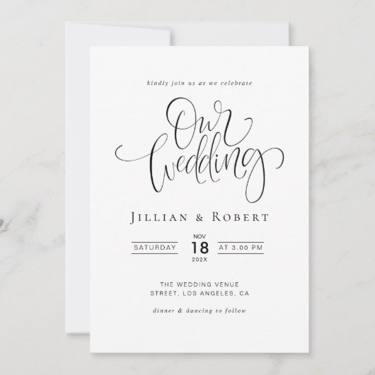 black and white elegant script wedding invitation 招待状 (正面)