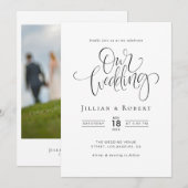 black and white elegant script wedding invitation 招待状 (正面/裏面)