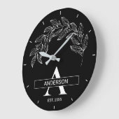 Black and White Family Name Monogrammed ラージ壁時計 (傾斜)