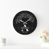 Black and White Family Name Monogrammed ラージ壁時計 (ホーム)