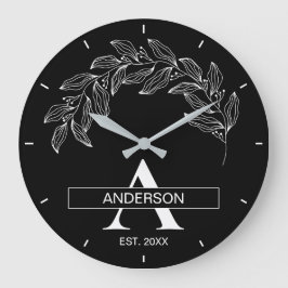 Black and White Family Name Monogrammed ラージ壁時計