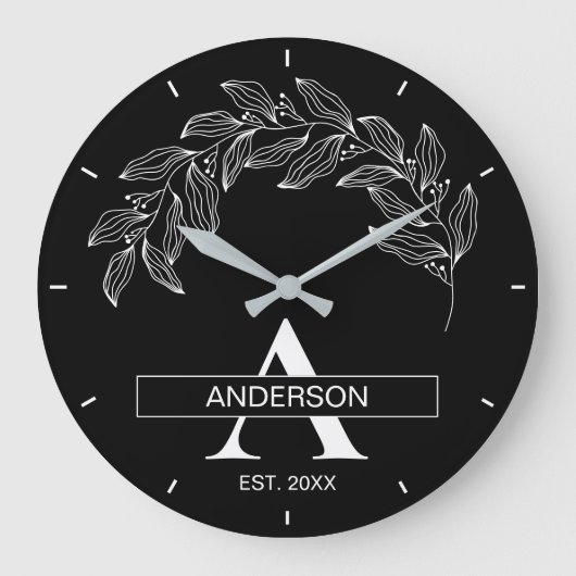 Black and White Family Name Monogrammed ラージ壁時計 (正面)