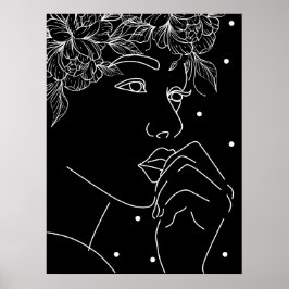 Black and White Feminine Floral Kiss Line Art ポスター