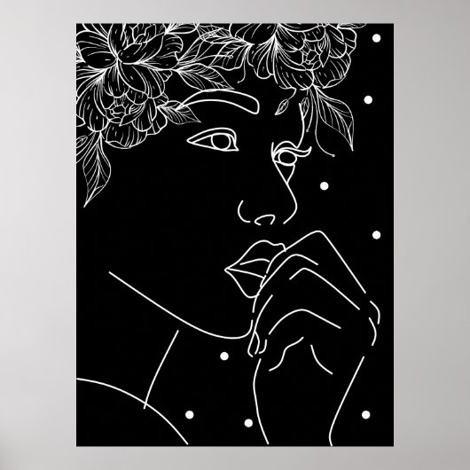 Black and White Feminine Floral Kiss Line Art ポスター (正面)