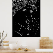 Black and White Feminine Floral Kiss Line Art ポスター (キッチン)