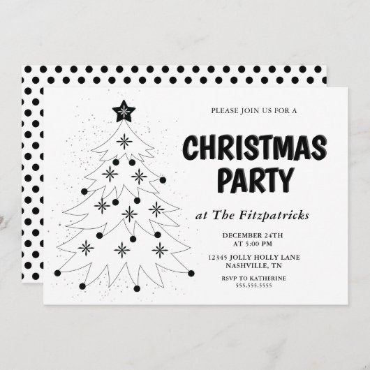 Black and White Festive Tree Christmas Party 招待状 (正面/裏面)