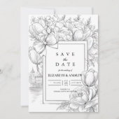 Black and White Floral Bow Wedding セーブザデート (正面)