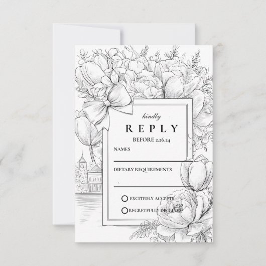 Black and White Floral Bow Wedding 出欠カード (正面)