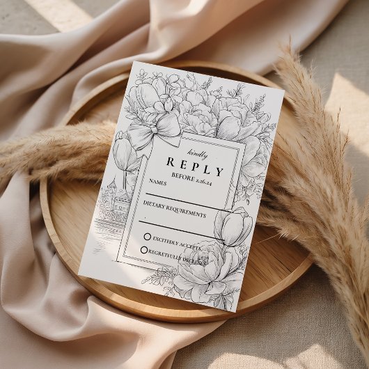 Black and White Floral Bow Wedding 出欠カード