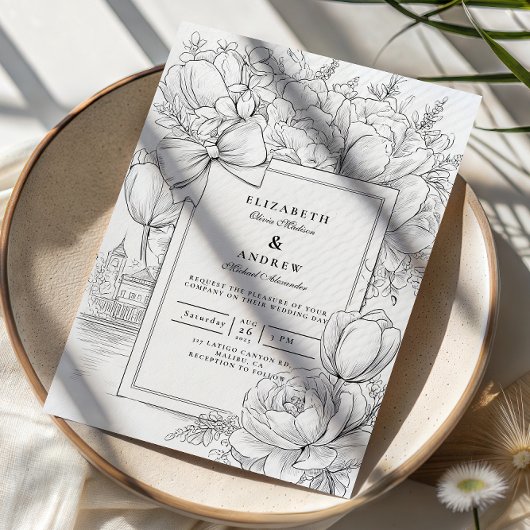 Black and White Floral Bow Wedding 招待状