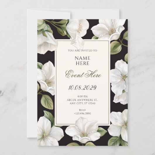 Black and white Floral elegant 招待状 (正面)