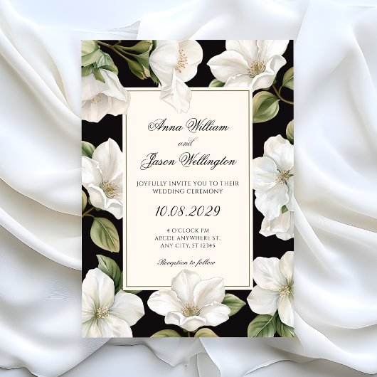 Black and white Floral elegant wedding 招待状