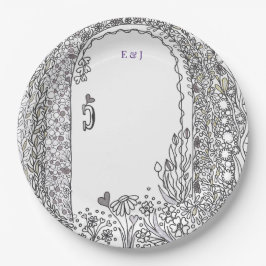 Black and White Floral Garden Door Wedding ペーパープレート