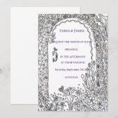 Black and White Floral Garden Door Wedding 招待状 (正面/裏面)