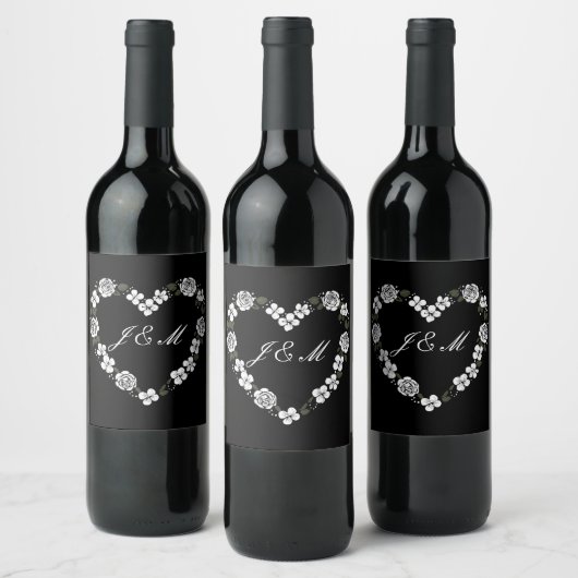 Black and White Floral Heart Monogram Wedding Wine ワインラベル (ボトル)
