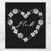 Black and White Floral Heart Monogram Wedding Wine ワインラベル (シングルラベル)