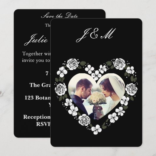Black and White Floral Heart Wedding Invitation シーズンカード (正面/裏面)