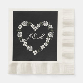 Black and White Floral Heart Wedding Napkins 縁ありランチョンナプキン