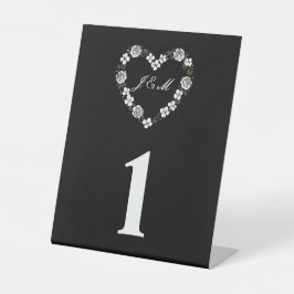 Black and White Floral Heart Wedding Table Number 台座サイン