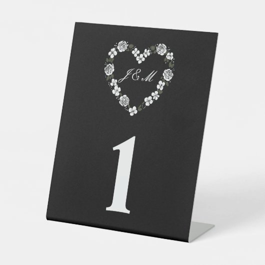 Black and White Floral Heart Wedding Table Number 台座サイン (正面)