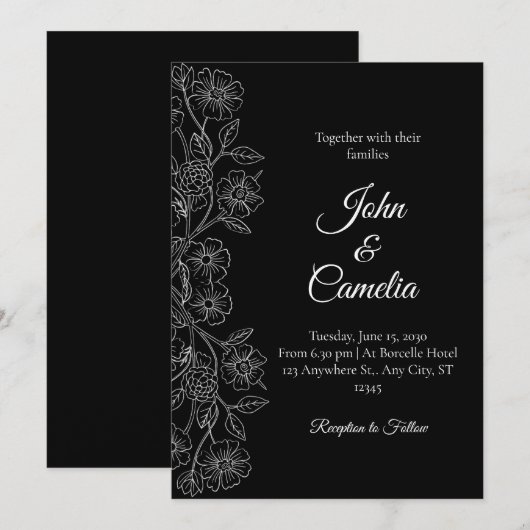 Black and White Floral Line Art Wedding  招待状 (正面/裏面)