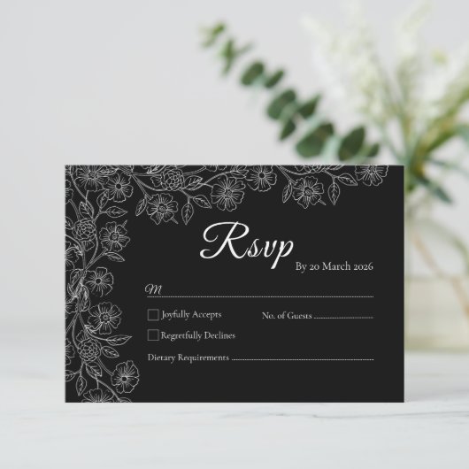 Black and White Floral Line Art Wedding RSVP Card (スタンド正面)