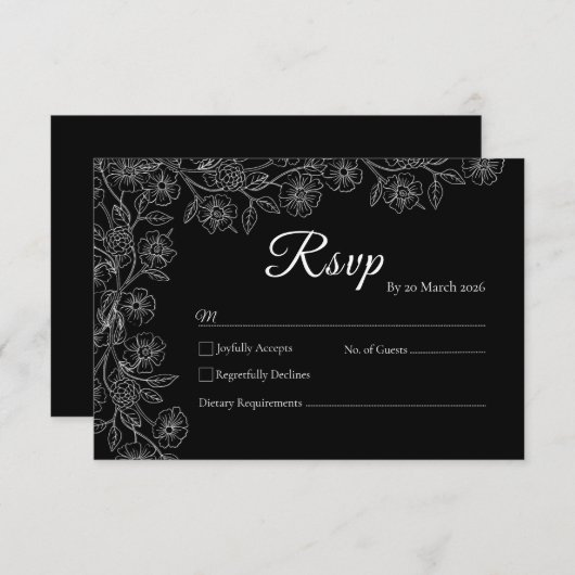 Black and White Floral Line Art Wedding RSVP Card (正面/裏面)