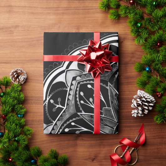 Black and white floral mandala  ラッピングペーパー (クリスマスギフト)