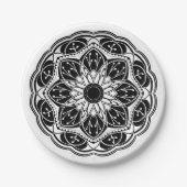 Black and white floral mandala round ペーパープレート (正面)