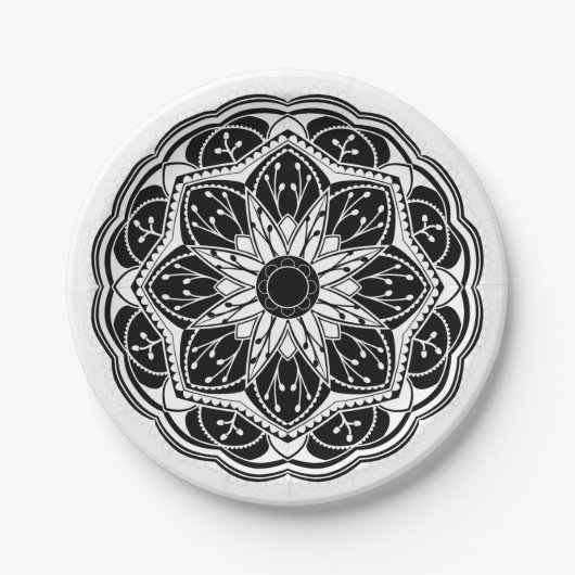 Black and white floral mandala round ペーパープレート (正面)
